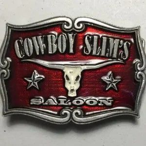 Western Cowboy Slim's enameled belt buckle, 4" by 2.5"